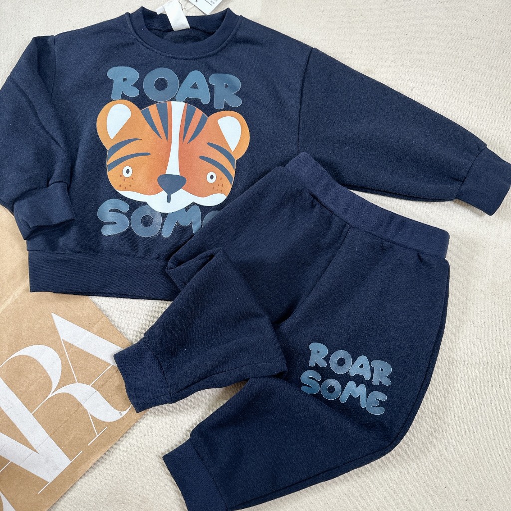 BỘ NỈ XANH THAN HÌNH HỔ DÀI TAY CHO BÉ