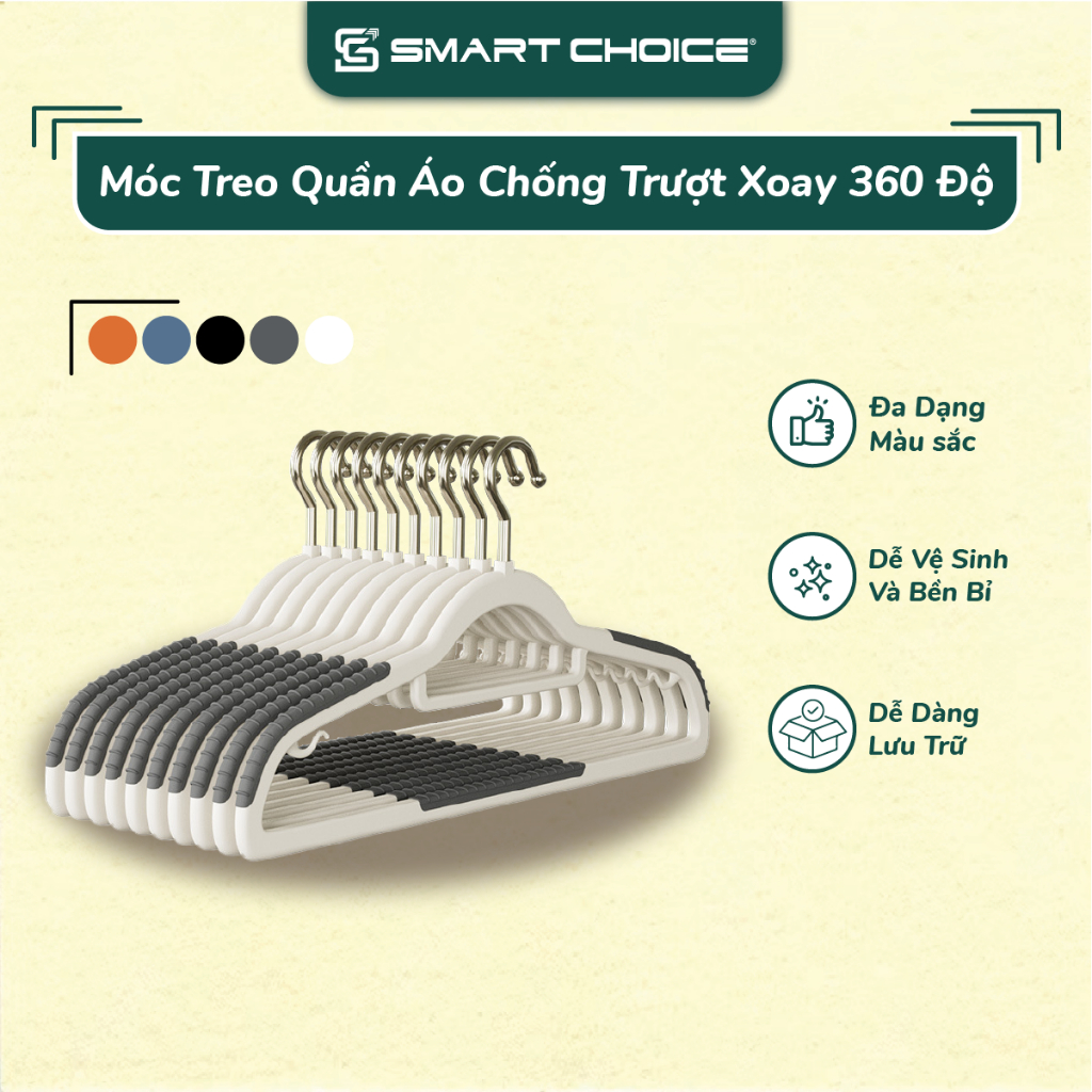 Móc Treo Quần Áo SMARTCHOICE Set 5 Mắc Áo Chống Trượt Xoay 360 Độ Cao Cấp SCG-PK129