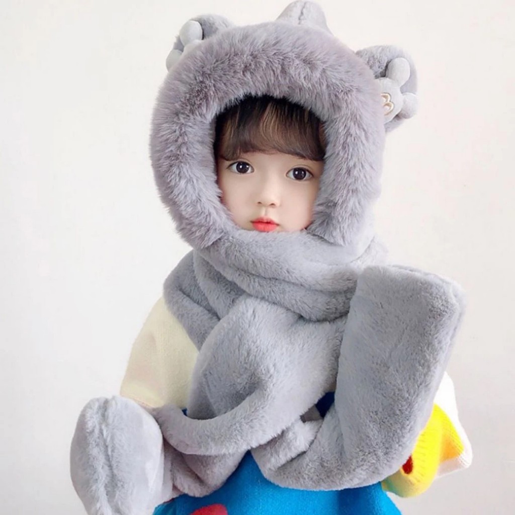 Mũ Trùm Đầu + Khăn + Găng Tay Hình Gấu Đáng Yêu Cho Bé