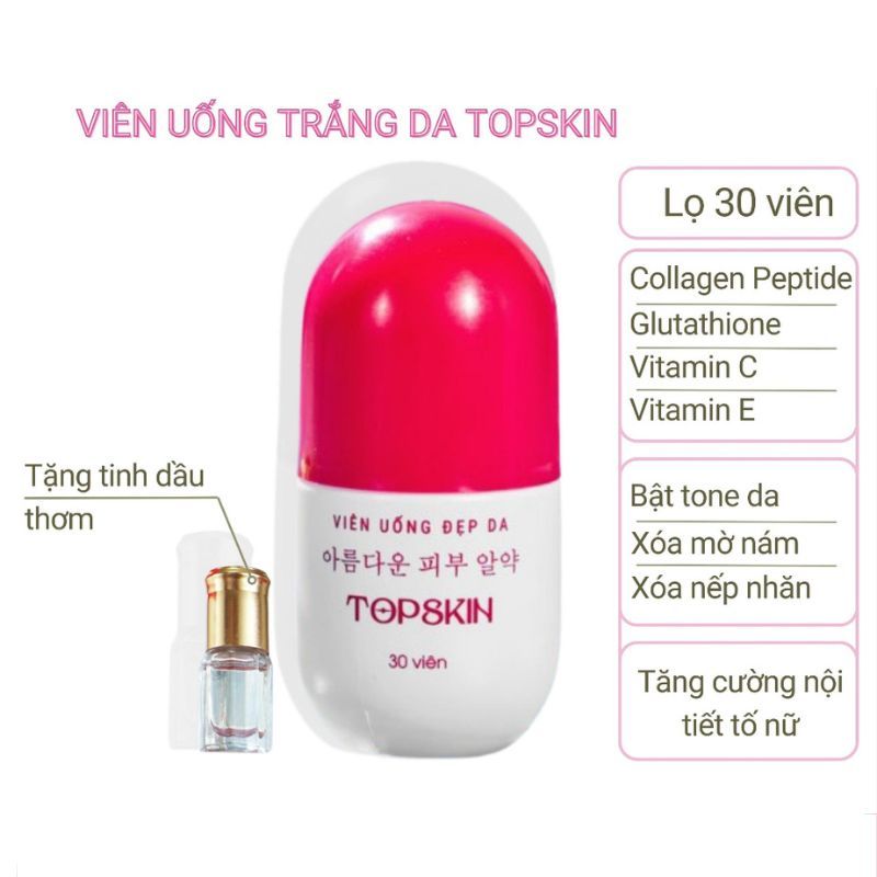 Viên uống đẹp da Topskin hộp 30 viên, viên uống dưỡng ẩm, trắng da, giảm nám, tàn nhang, tăng cường nội tiết tố