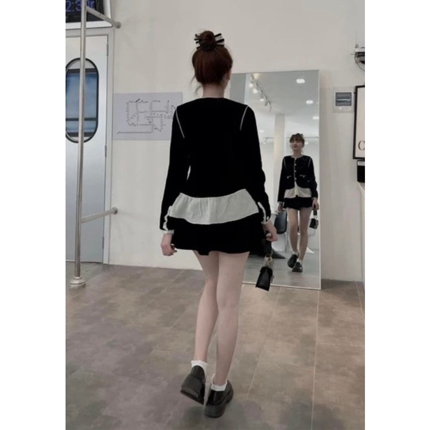 SET ÁO BBD NHUNG ĐEN VIỀN KEM BÈO KEM TAY DÀI + CHÂN VÁY NHUNG ĐEN  SHEEP