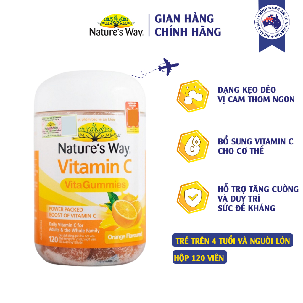 Kẹo Dẻo Vitamin C Nature's way Vitamin C Vita Gummies Giúp Bổ Sung Vitamin C Tăng Cường Và Duy Trì Sức Đề Kháng 120v/h