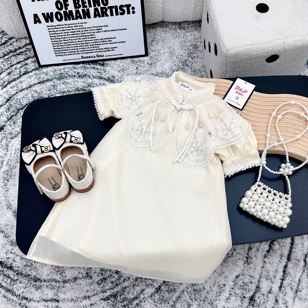Váy Công Chúa Cho Bé Gái WOWKIDS Chất Voan Tơ Mềm Mát Đính Ngọc Điệu Đà Cho Bé Đi Chơi, Diện Tết Từ 10-22kg