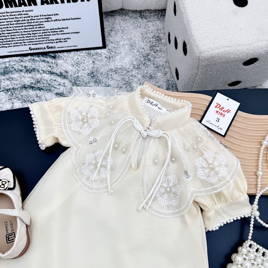 Váy Công Chúa Cho Bé Gái WOWKIDS Chất Voan Tơ Mềm Mát Đính Ngọc Điệu Đà Cho Bé Đi Chơi, Diện Tết Từ 10-22kg