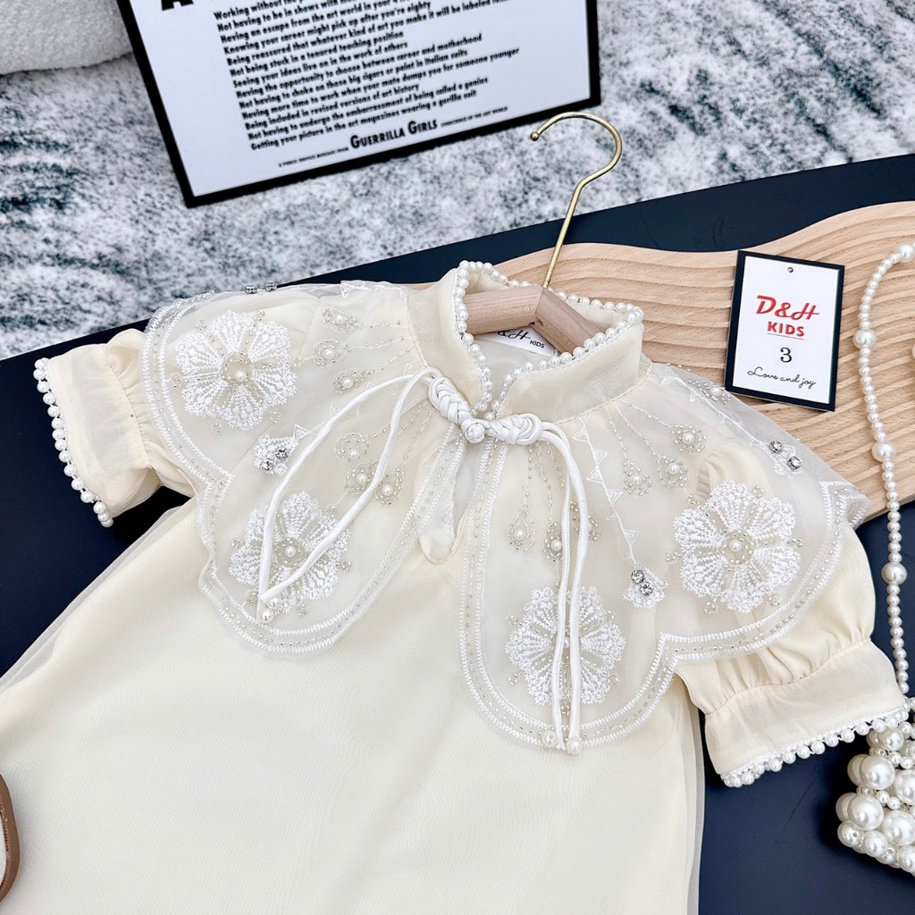 Váy Công Chúa Cho Bé Gái WOWKIDS Chất Voan Tơ Mềm Mát Đính Ngọc Điệu Đà Cho Bé Đi Chơi, Diện Tết Từ 10-22kg