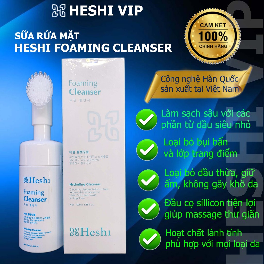 Sữa rửa mặt Heshi Foaming Cleanser 100ml với đầu cọ silicon làm sạch sâu, dưỡng ẩm , giảm mụn , cảm nhận ngay lần đầu