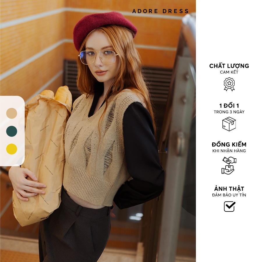 Áo Gile len cashmere giãn sợi cổ tim 3 màu 312KN2001 ADORE DRESS