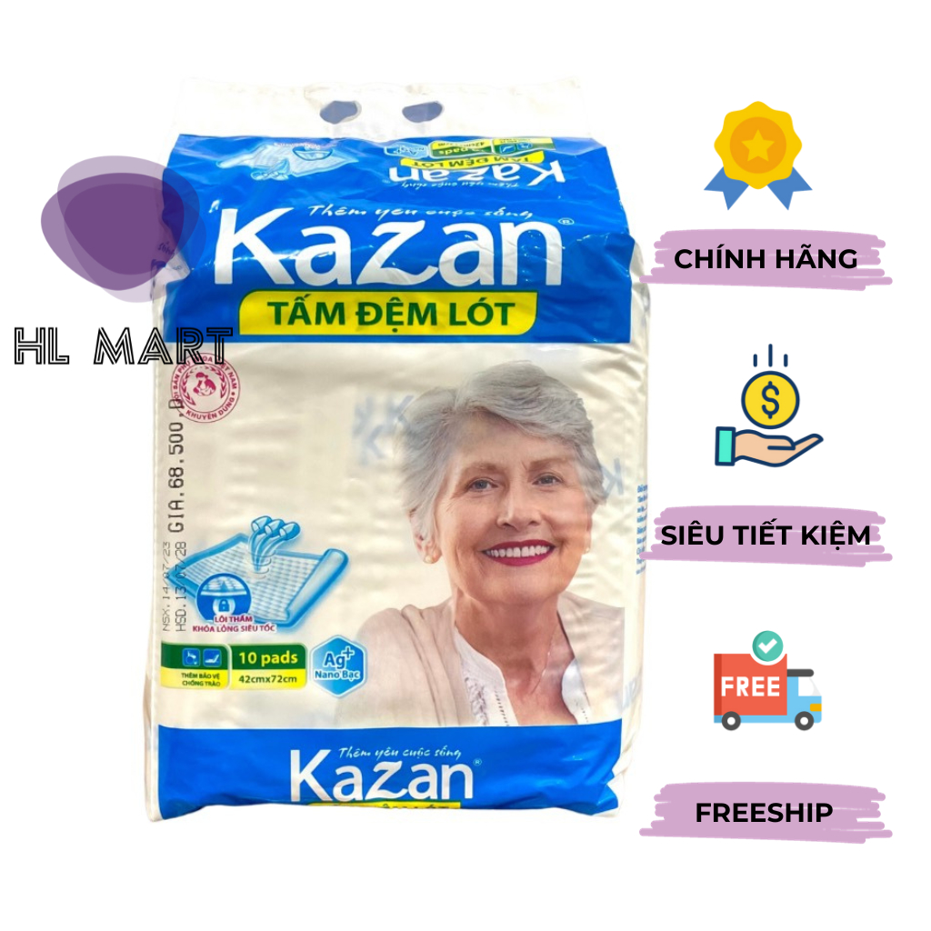 Tấm đệm lót siêu thấm KAZAN 10 miếng kích thước 42x72cm, hàng Việt Nam cao cấp, đạt tiêu chuẩn xuất Nhật - Mỹ
