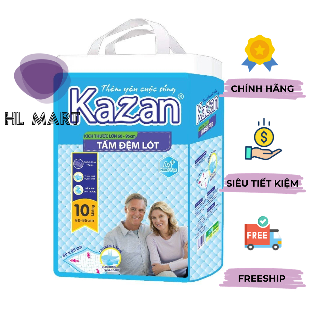 Tấm đệm lót KAZAN xuất Nhật - Mỹ kích thước lớn 60x95cm siêu thấm hút, bề mặt luôn khô ráo, giúp giường luôn sạch sẽ