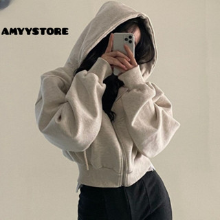  Áo Khoác Nỉ Croptop AMYSTORE Dáng Rộng Siêu Xinh Phong Cách Hàn Quốc Áo Khoác Thu Đông Nữ Hoodie Zip Tay Bồng 