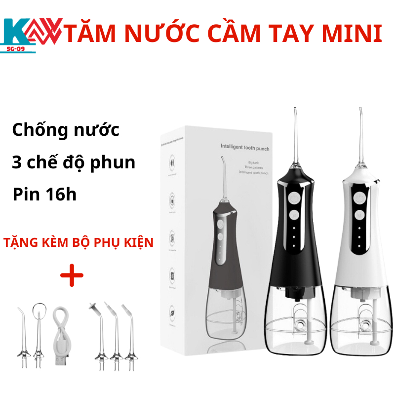 Máy tăm nước cầm tay Kaw, máy làm sạch răng đa năng, 3 chế độ kèm 5 đầu xịt dung tích 300ml, Hàng chính hãng, BH12 tháng