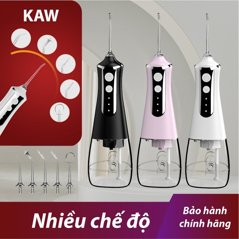 Máy tăm nước cầm tay Kaw, máy làm sạch răng đa năng, 3 chế độ kèm 5 đầu xịt dung tích 300ml, Hàng chính hãng, BH12 tháng