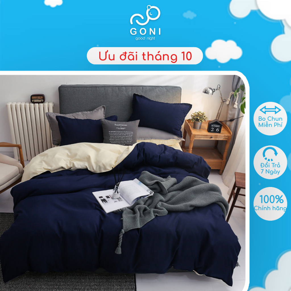 Bộ Chăn Ga Gối Cotton Tici GONI Drap Giường Phối Màu Xanh Navy Sữa Đủ Kích Thước Trải Nệm Không Kèm Ruột