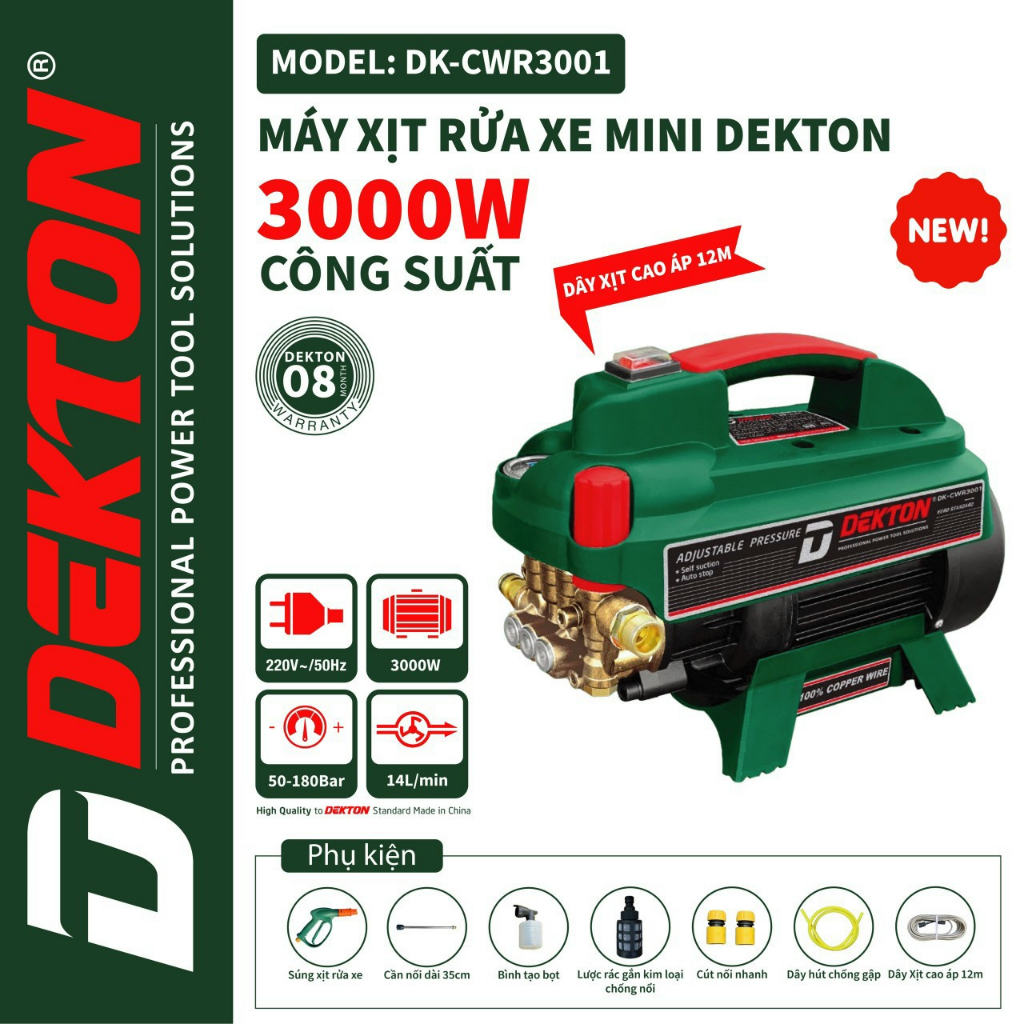 Máy Rửa Xe Dekton 3000W DK-3001 / Có Chỉnh Áp / Thế hệ mới nhất Dekton