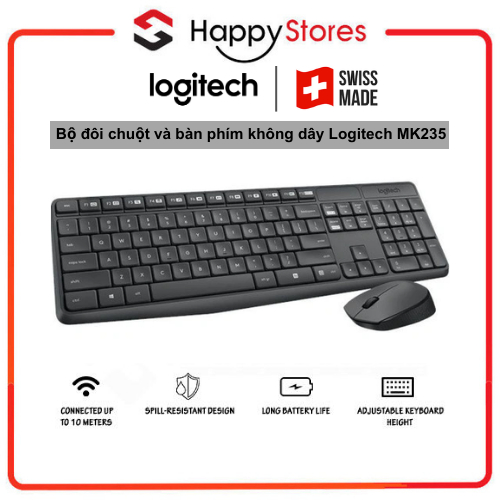 Bộ bàn phím chuột không dây Logitech MK235 thương hiệu từ Thụy Sĩ - Hàng chính hãng