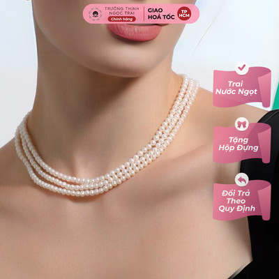 Dây Chuyền Ngọc Trai 3 Sợi Hạt 3ly Trắng Hơi Hồng Xanh Hạt Gần Tròn Bóng Ít Tỳ - Ngọc Trai Trường Thịnh