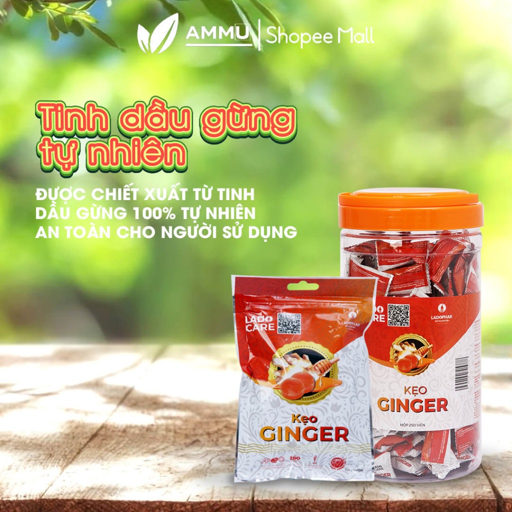 Kẹo gừng ginger LADOPHAR hộp 250 viên hỗ trợ giảm ho ngừa viêm họng chính hãng