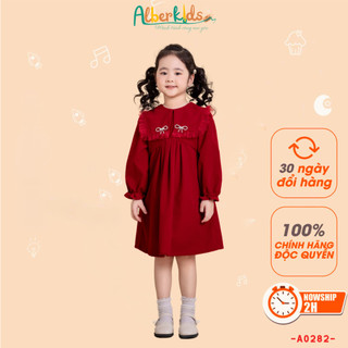 Váy bé gái dài tay ALBERKIDS Nhung phối lưới ren vuông cài nơ công chúa xinh đẹp trẻ em 2,3,4,5,6,7,8,9,10,11,12 [A0282]