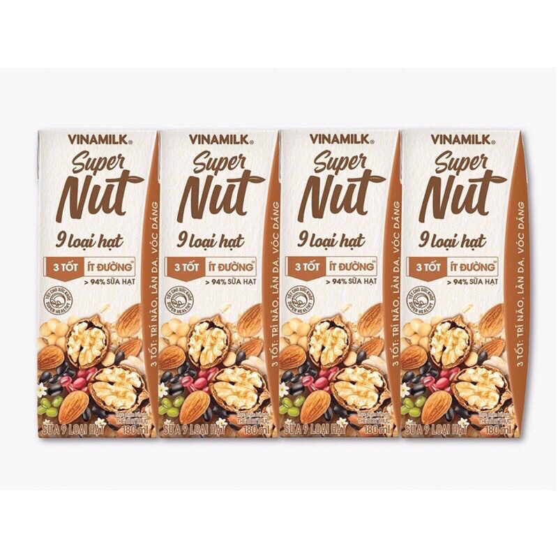 SỮA 9 LOẠI HẠT VINAMILK SUPER NUT ÍT ĐƯỜNG 1 lốc (4 hộp x 180ml)