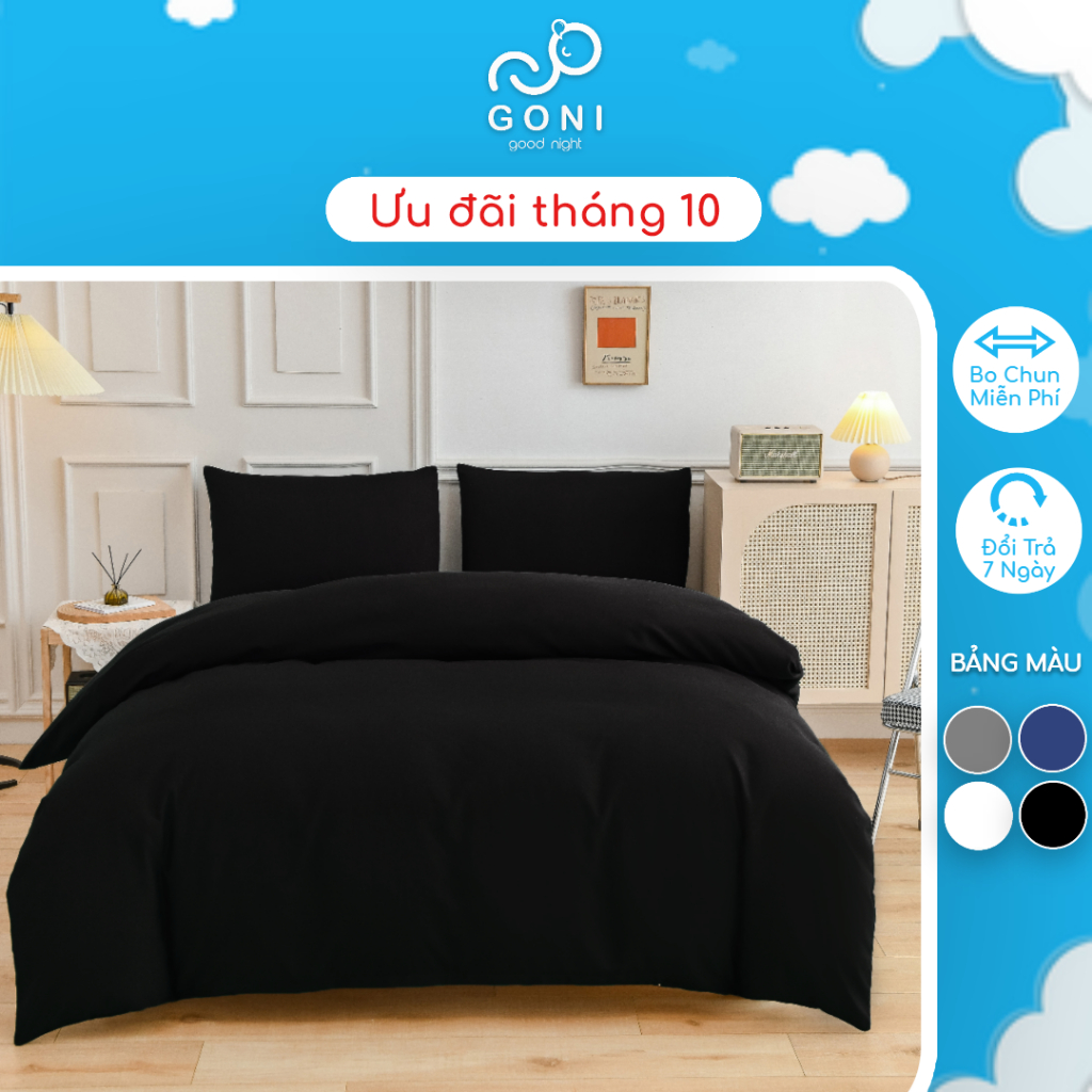 Bộ Chăn Ga Gối Cotton Tici GONI Drap Giường Màu Đen Trơn Đủ Kích Thước Trải Nệm Không Kèm Ruột
