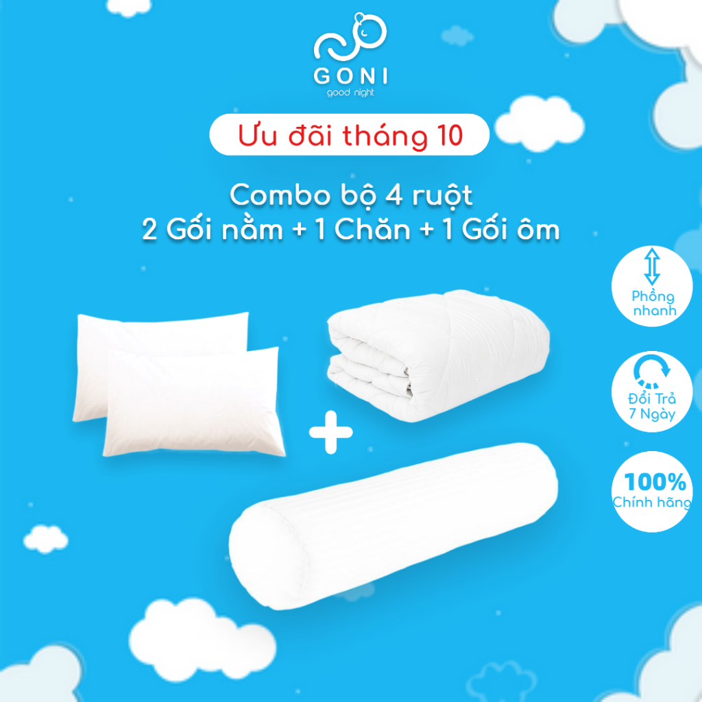 Bộ 4 ruột hơi bông gòn êm ái GONI Trắng tinh khiết bao gồm 2 ruột gối , 1 ruột chăn hè và 1 ruột gối ôm