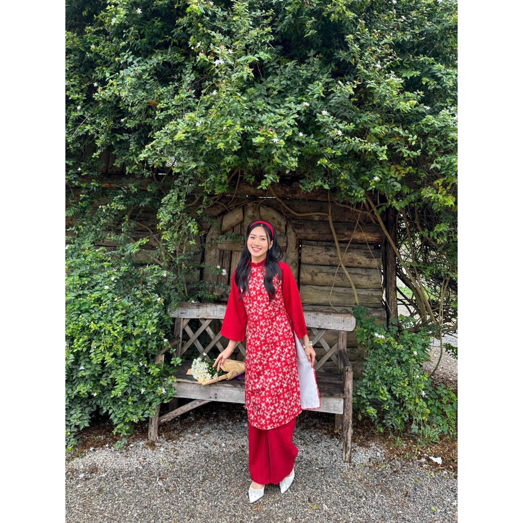 Áo dài cách tân nữ HOA NHÍ PHỐI TAY TRƠN tặng kèm tuban  set áo dài TẾT tay lỡ