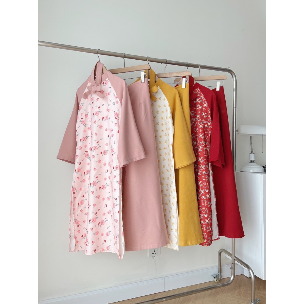 Áo dài cách tân nữ HOA NHÍ PHỐI TAY TRƠN tặng kèm tuban  set áo dài TẾT tay lỡ