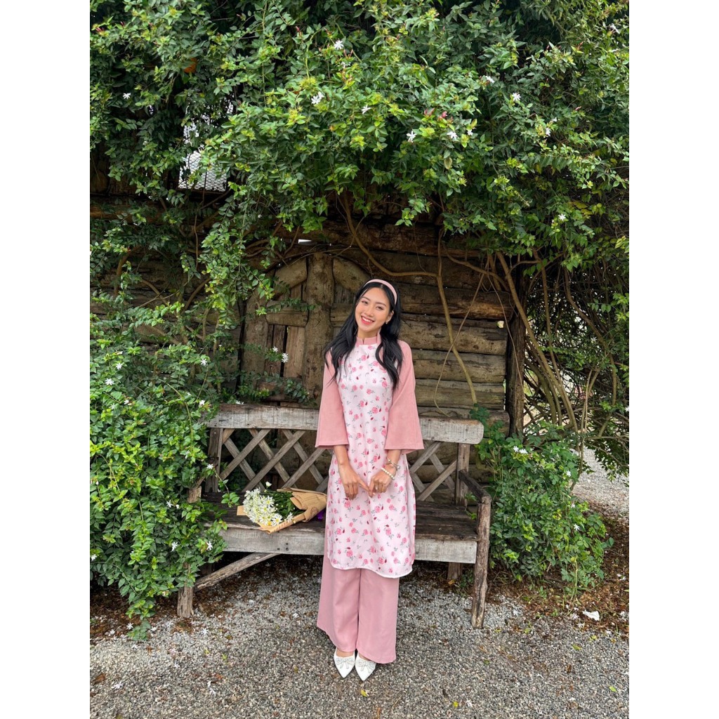 Áo dài cách tân nữ HOA NHÍ PHỐI TAY TRƠN tặng kèm tuban  set áo dài TẾT tay lỡ