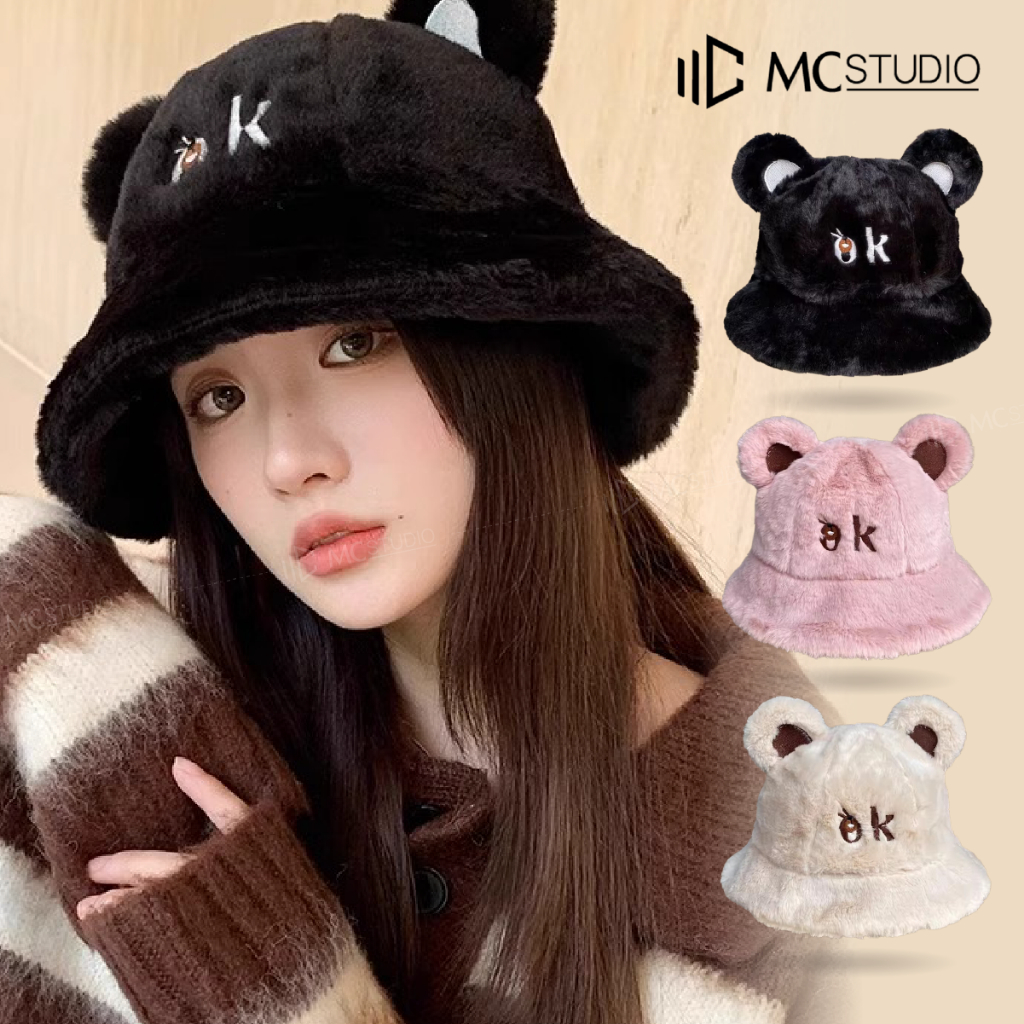 Nón Len Lông OK JML24 M C MR & MRS CAP Chất Lông Dày Mịn Giữ Ấm Thêu Chữ Kèm Tai Gấu Dễ Thương