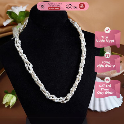 Chuỗi Ngọc Trai Mix Hạt 8ly-5ly Đan Xoắn 3 Sợi Khóa OT - Ngọc Trai Trường Thịnh