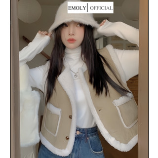 [SẴN Áo khoác gile nữ Croptop form rộng, áo khoác ba lỗ da lộn màu nâu lót lông cừu túi hộp - 201