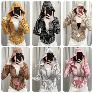 Áo khoác thun gân nữ sọc ngang xỏ ngón chống nắng có túi trong