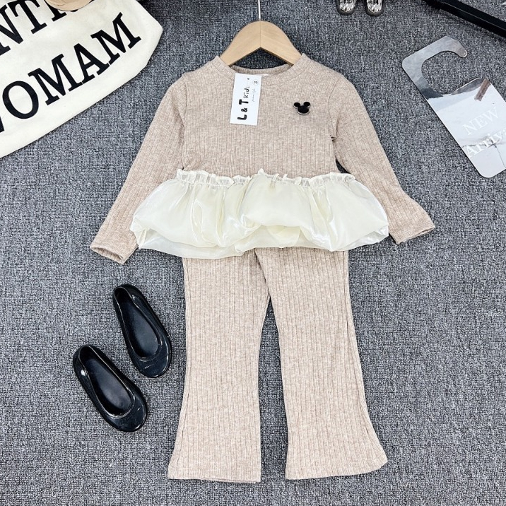 Bộ Quần Áo Thu Đông Dài Tay Phối Bèo Cho Bé Gái Chất Len Tăm Dày Dày Kèm Quần Ống Loe Cho Bé Đi Học Đi Chơi