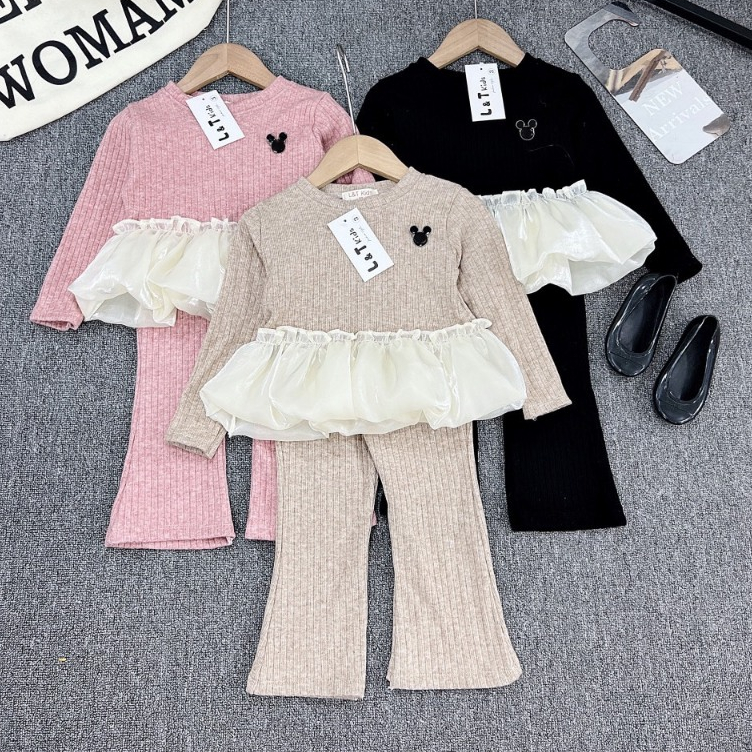 Bộ Quần Áo Thu Đông Dài Tay Phối Bèo Cho Bé Gái Chất Len Tăm Dày Dày Kèm Quần Ống Loe Cho Bé Đi Học Đi Chơi