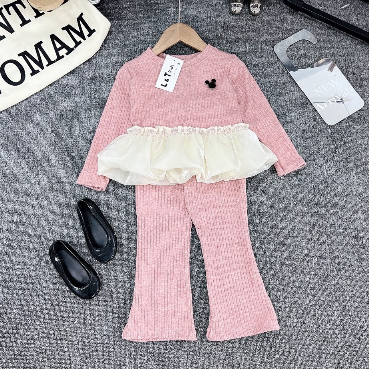 Bộ Quần Áo Thu Đông Dài Tay Phối Bèo Cho Bé Gái Chất Len Tăm Dày Dày Kèm Quần Ống Loe Cho Bé Đi Học Đi Chơi