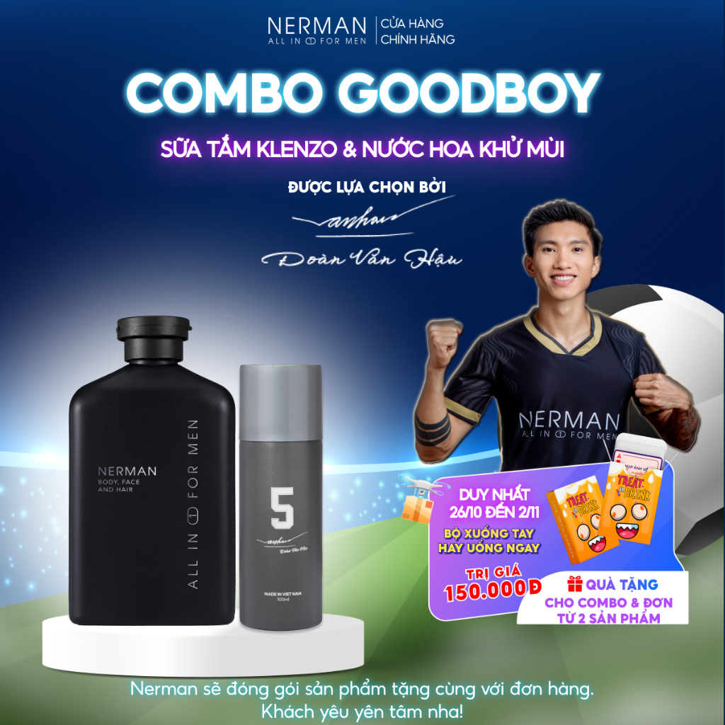 Combo Badboy Nerman - Sữa tắm gội 3in1 hương nước hoa cao cấp 350ml & Gel vệ sinh nam 100ml & Nước hoa khử mùi 100ml