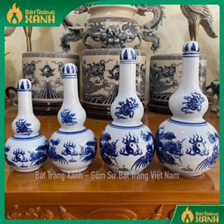 Nậm Rượu Thờ Cúng 2 Bầu Men Lam, Men Trắng Chuẩn Bát Tràng, Nậm thờ hoạ tiết rồng, sen