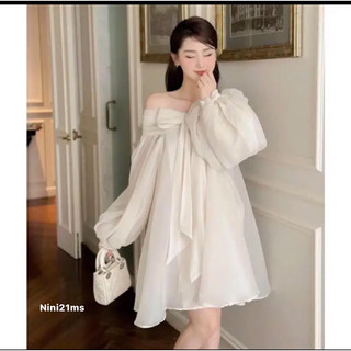 ni1- đầm voan tơ trễ vai nơ to siêu xinh, màu kem, dưới 60kg