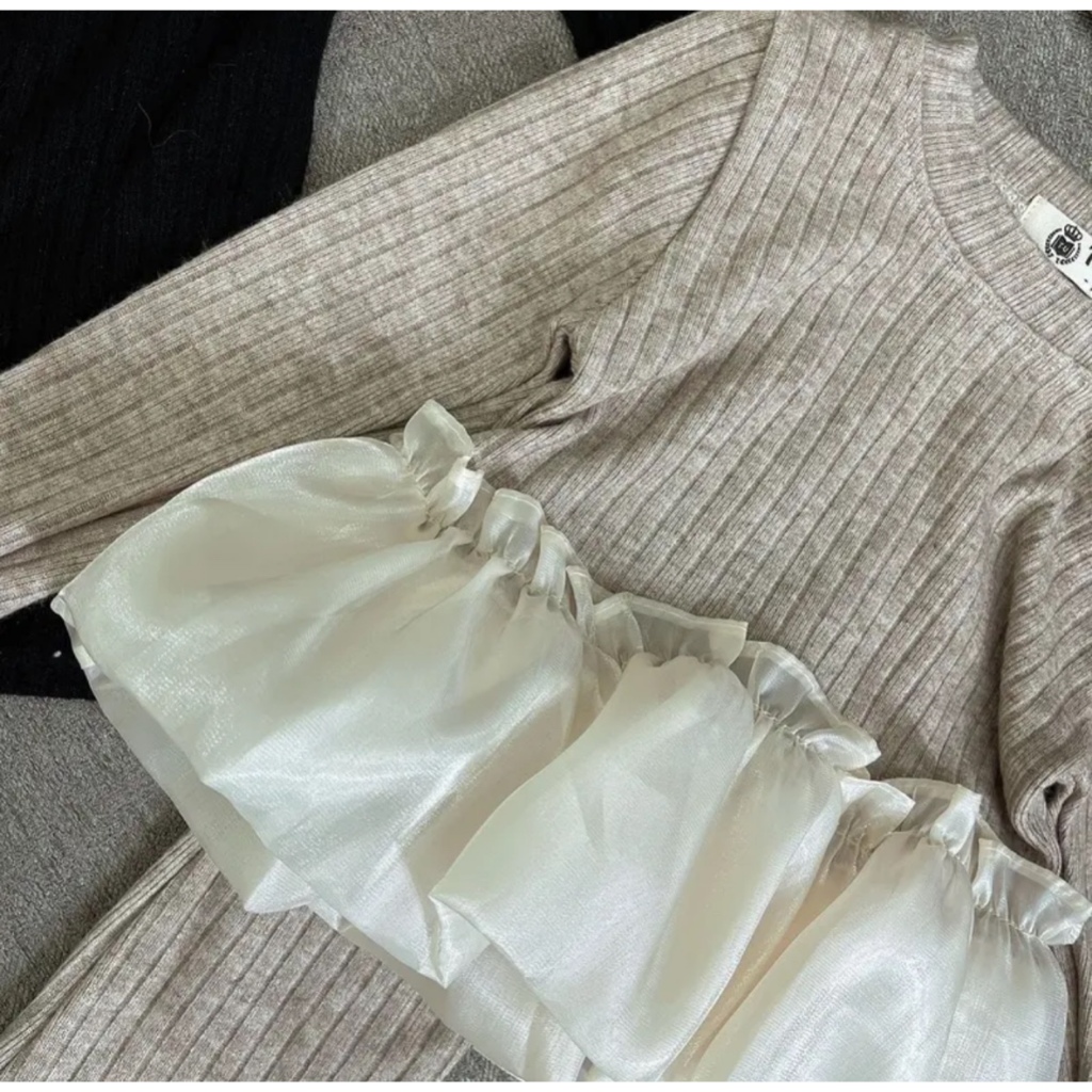 Bộ Quần Áo Thu Đông Dài Tay Phối Bèo Cho Bé Gái Chất Len Tăm Dày Dày Kèm Quần Ống Loe Cho Bé Đi Học Đi Chơi