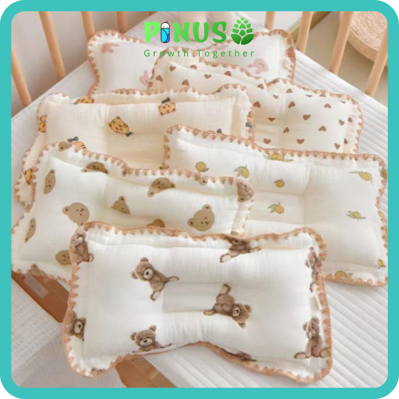 Gối lõm chống méo đầu cho bé sơ sinh vải cotton thấm hút mồ hôi, Gối bông cotton mềm êm cho bé