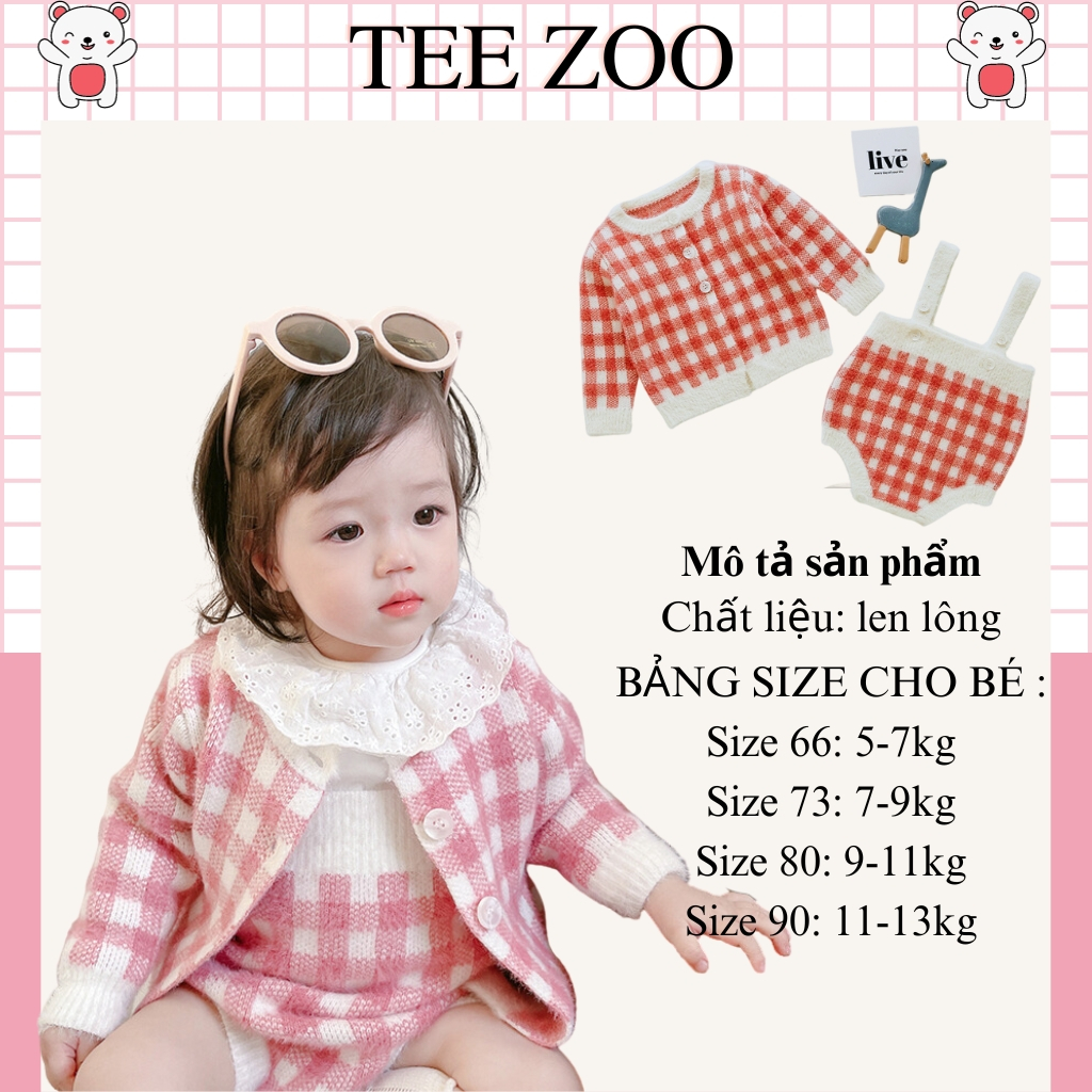 Yếm len và áo khoác cardigan chất liệu len kẻ hồng Teezoo cho bé từ 5 - 13kg QA129