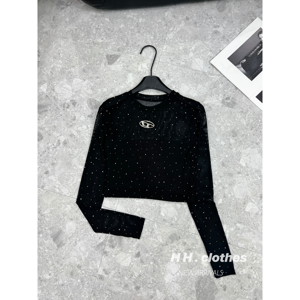 Áo Croptop , Áo Lưới Croptop Nhũ Đá Dài Tay Tag Logo D