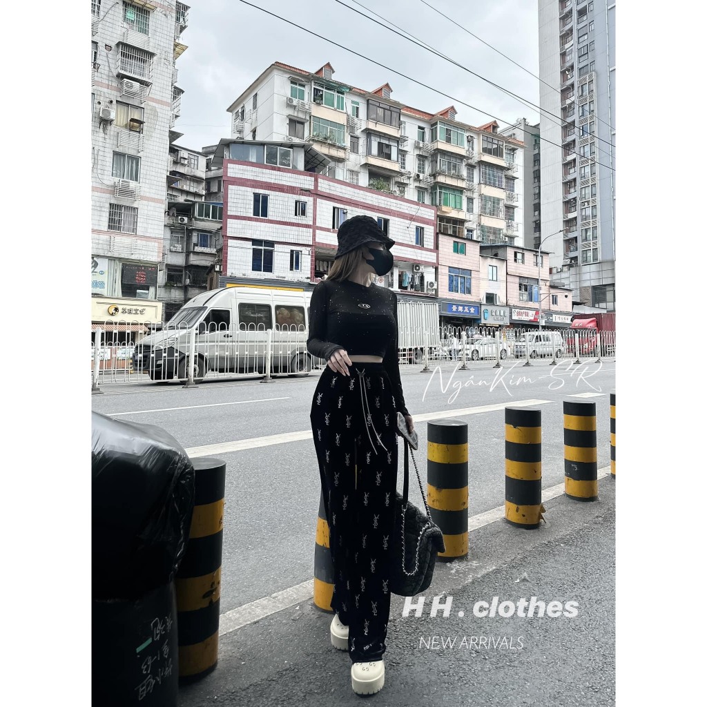 Áo Croptop , Áo Lưới Croptop Nhũ Đá Dài Tay Tag Logo D