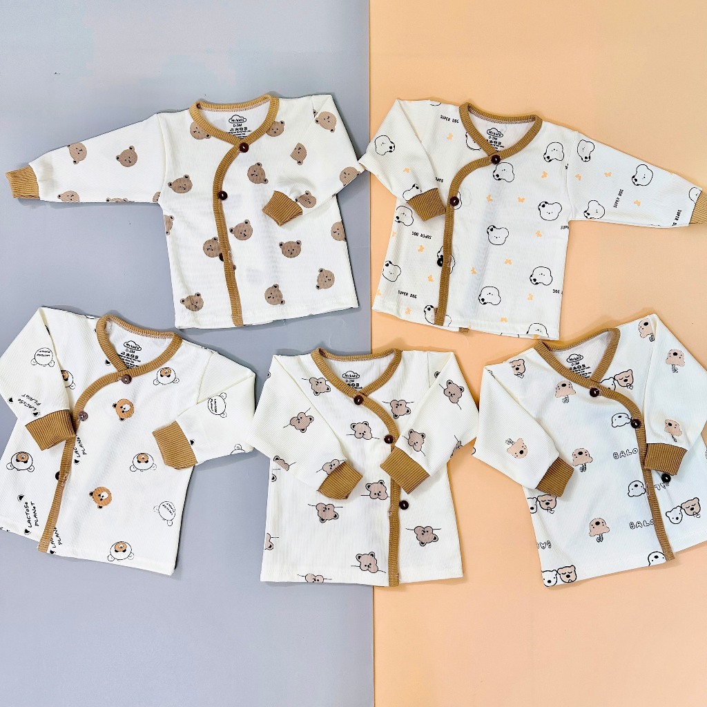 Combo 5 Áo Sơ Sinh Thu Đông Chất Thun Tăm Vạt Chéo Mềm Mại, Nhiều Họa Tiết Đáng Yêu Cho Bé 3-9kg