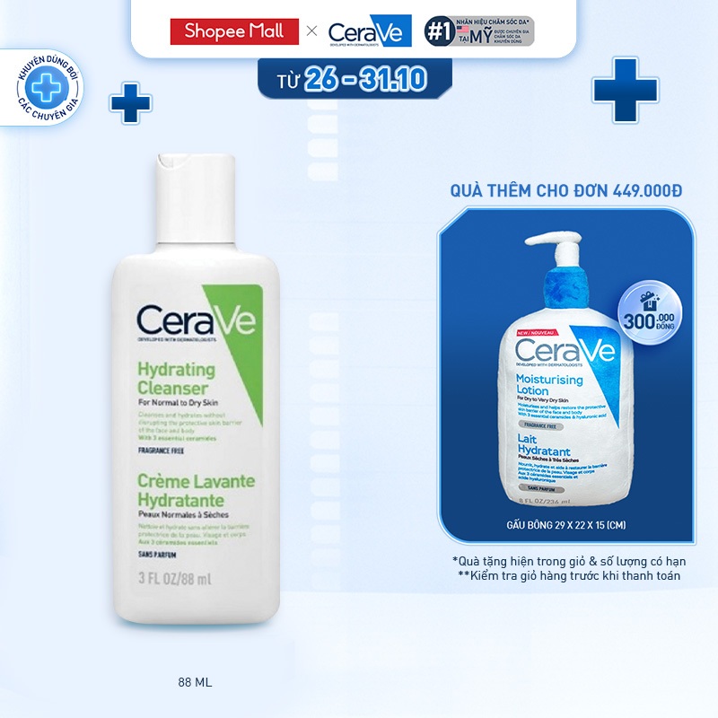 Sữa rửa mặt giúp sạch sâu cho da thường, da khô CeraVe Hydrating Cleanser 88ML