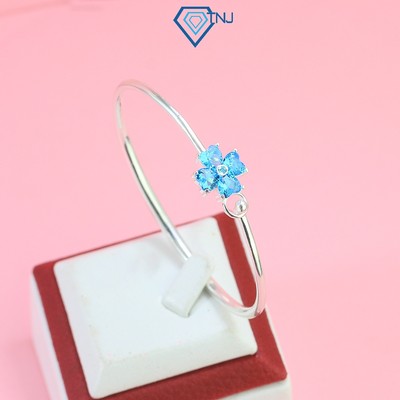 Lắc tay bạc nữ cỏ 4 lá đính đá xanh dương dạng kiềng tròn trơn cá tính LTN0083 - Trang Sức TNJ