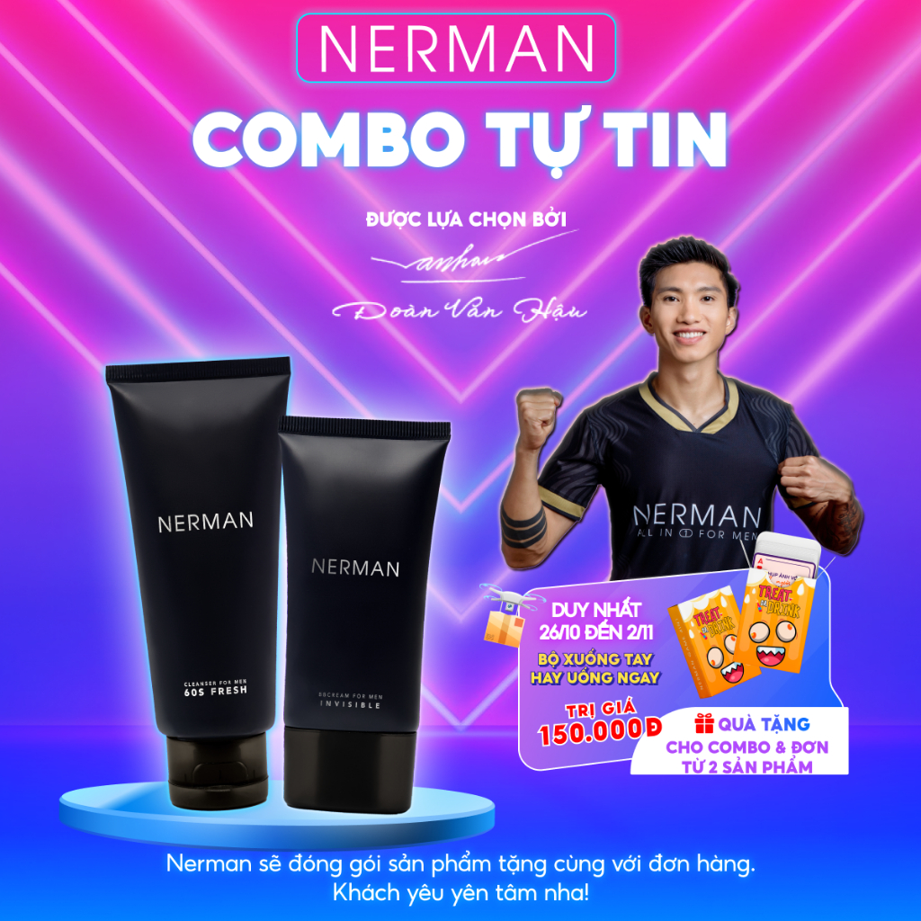 [Mã FMCGNE92 giảm 8% đơn 250K] Combo tự tin Nerman - Gel rửa mặt 100ml - Kem che khuyết điểm, chống nắng Invisible 50G