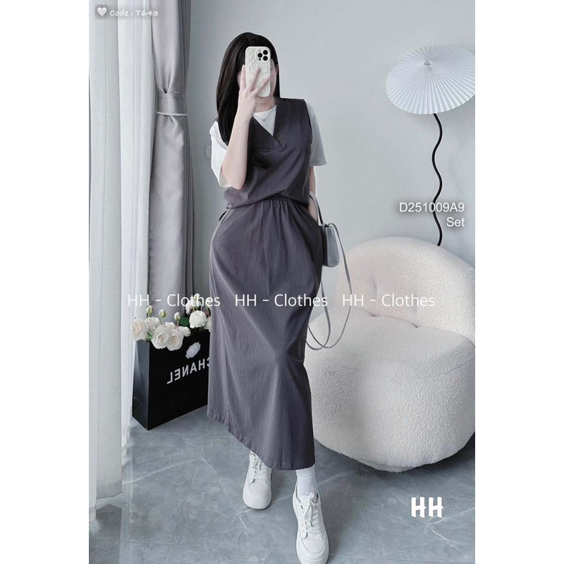 Set áo kiểu phối áo thun trắng kèm chân váy dáng dài