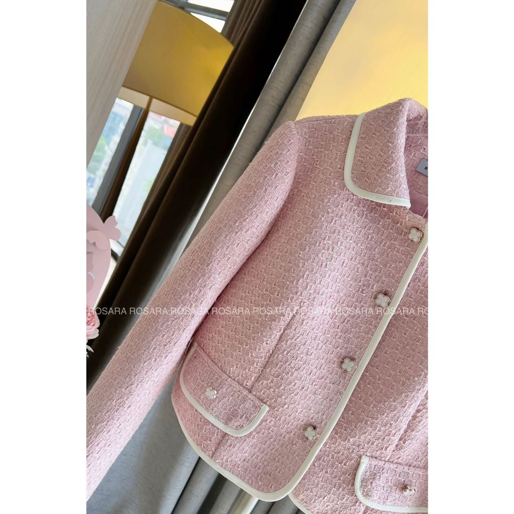 Áo Khoác Dạ Tweed Đan Sợi Ánh Kim Tuyến Hồng Thời Trang Nữ Rosara K21
