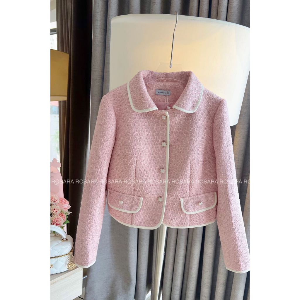 Áo Khoác Dạ Tweed Đan Sợi Ánh Kim Tuyến Hồng Thời Trang Nữ Rosara K21